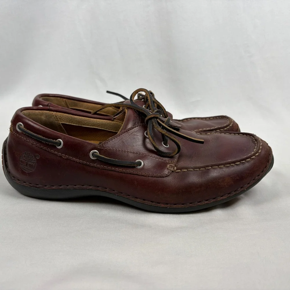 Timberland Boat Shoes Mens 9 Brown Leather Two-Eyed Smart Comfort Casual Loafers